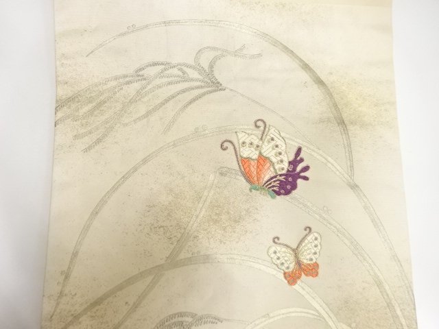  芒に蝶模様　刺繍　名古屋帯